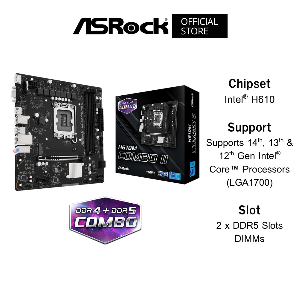 ASROCK H610M COMBO II Mainboard (เมนบอร์ด) Intel® H610 Supports 14th, 13th & 12th Gen Intel® Core™ P