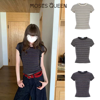 MOSESQUEEN เสื้อยืดแขนสั้นลายทางสีตัดกันย้อนยุคสไตล์อเมริกันคอกลมและดีไซน์ไหล่ด้านหน้า - ท็อปมีสไตล์สําหรับร่างกาย #63960