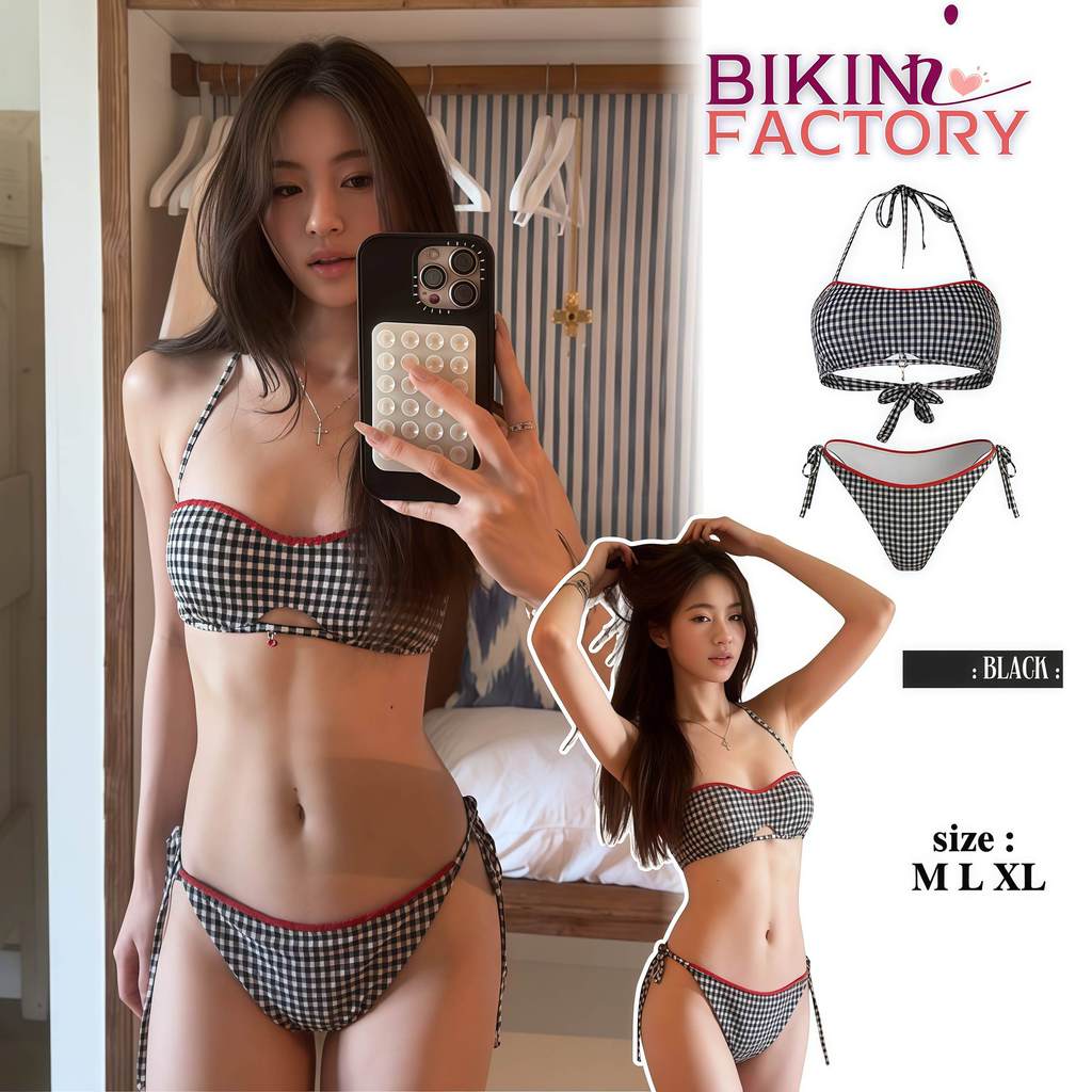 BIKINI FACTORY บิกินี่ ลายตาราง ชุดว่ายน้ำผู้หญิง ทูพีซ เซ็กซี่ ผูกหลัง ♨ มีไซส์ M-XL |น้ำหนัก 40-65 กก. พร้อมส่ง Y595