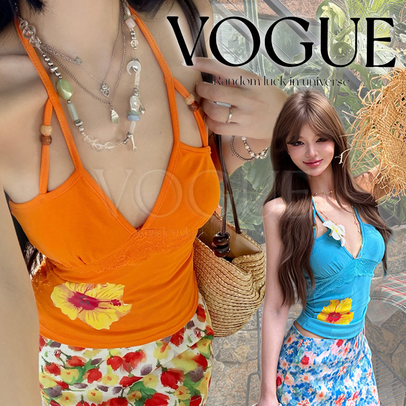Vogue🌟พร้อมส่ง🌟 เสื้อยืดคล้องคอสกรีนดอกชบาน่ารักๆ สีสันสดใสต้อนรับซัมเมอร์ฤดูร้อน ใส่เที่ยวทะเล (FY6216)