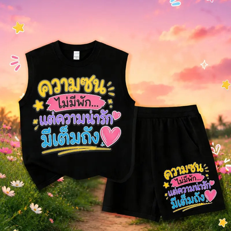 ชุดเซ็ตเด็ก เสื้อกล้ามสีขาว+กางเกงขาสั้นสีดำ ลายข้อความน่ารัก ความซนไม่มีพัก แฟชั่นเด็กผู้ชายผู้หญิง ผ้า