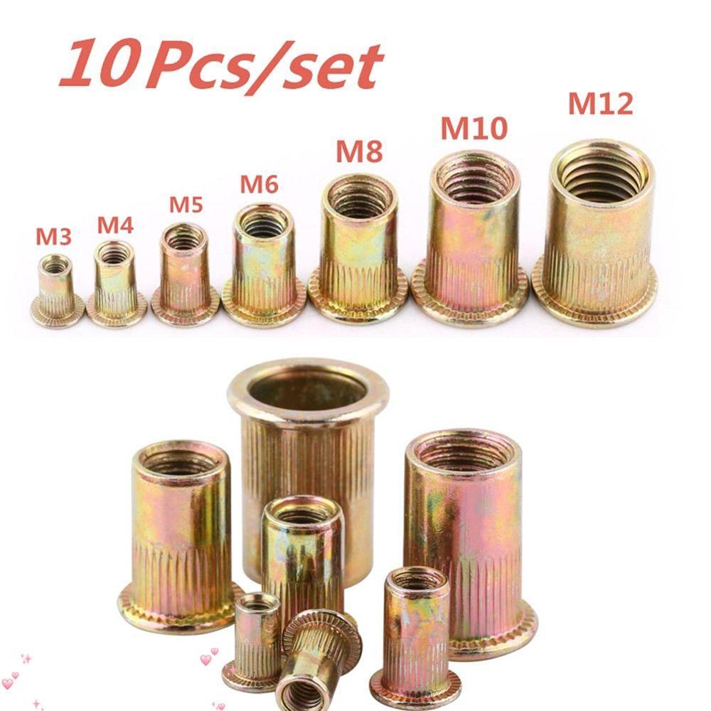 AULORAMT 10 ชิ้นแบนหัว Rivnut, M3 M4 M5 M6 M8 M10 M12 ใส่ Nutsert หมวกเหล็กคาร์บอน Rivnut, ทนทาน Metalworking อุปกรณ์เสริมชุดเครื่องมือเกลียว Rivet Nut บ้าน DIY