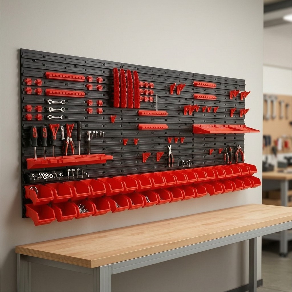 Pegboard Organizer พร้อมถังและตะขอประหยัดพื้นที่ติดผนัง Pegboard Organizer ผนังเครื่องมือใบมีดยาว