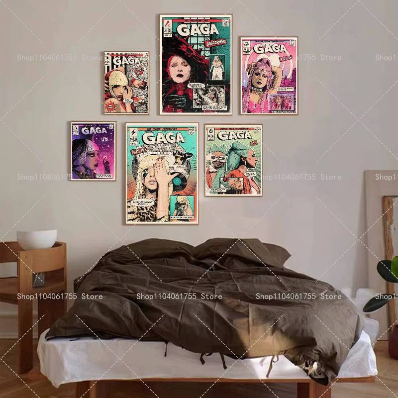 Lady Gaga นักร้องภาพเหมือน Retro การ์ตูน Pop Art โปสเตอร์ไม่มีกรอบผ้าใบภาพวาดเพลง Studio Wall Decor