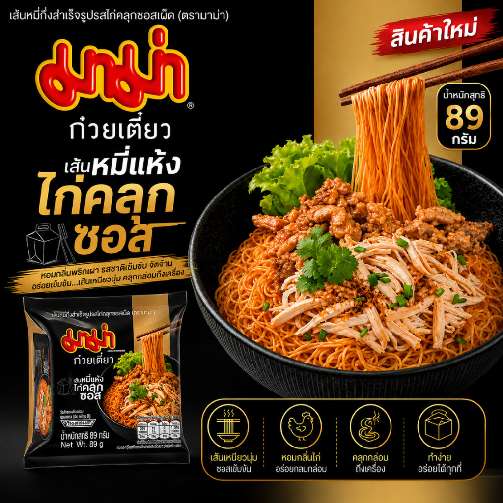 มาม่า เส้นหมี่แห้งไก่คลุกซอส บะหมี่กึ่งสำเร็จรูป