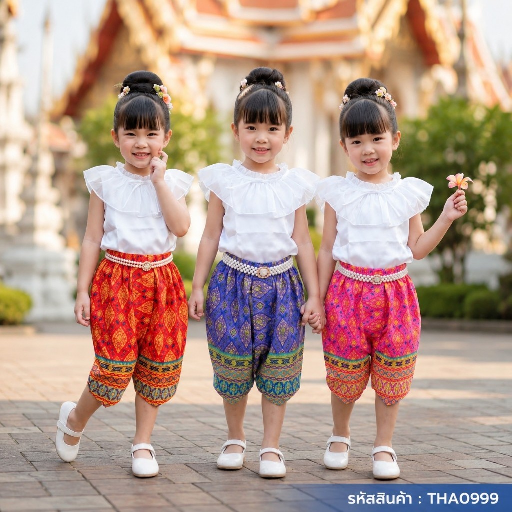 (THA0999) ชุดไทยเด็กหญิง เสื้อแขนกุด+โจงกระเบนลายไทย แต่งคอระบาย น่ารักๆ ชุดไทยเด็ก ชุดไทยประยุกต์