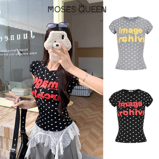 MOSESQUEEN เสื้อยืดแขนสั้นคอกลมพิมพ์ลายดาวตัวอักษรสําหรับผู้หญิง - เสื้อคอกลมพิมพ์ลายเข้ารูปฤดูร้อน #63747