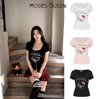 MOSESQUEEN เสื้อยืดแขนสั้นคอวีเผ็ด KT cat ทรงสวปท์สไตล์อเมริกัน ทรงเข้ารูป ทรงเข้ารูป ทรงเข้ารูป เอว-cinching top #63753