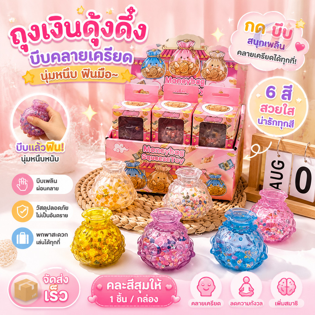 ถุงเงินบีบคลายเครียด ของเล่นบีบมือSquishyนุ่มนิ่ม ลดความเครียด ของเล่นผ่อนคลาย สีสวยน่ารัก พกพาง่าย สำหรับเด็กและผู้ใหญ่