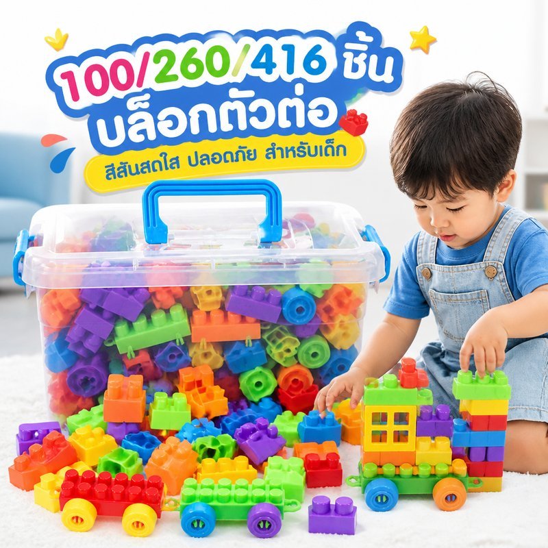 บล็อกตัวต่อพลาสติก ของเล่นเด็ก DIY เสริมพัฒนาการ ชุดบล็อกอนุภาคใหญ่ 100 260 416 ชิ้น