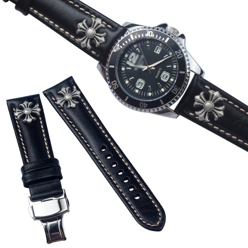 [เครื่องมือติดตั้งฟรี] สายหนังแท้ปรับให้เข้ากับ Rolex Omega Hamilton Seiko Strap Male Crow Heart Wat