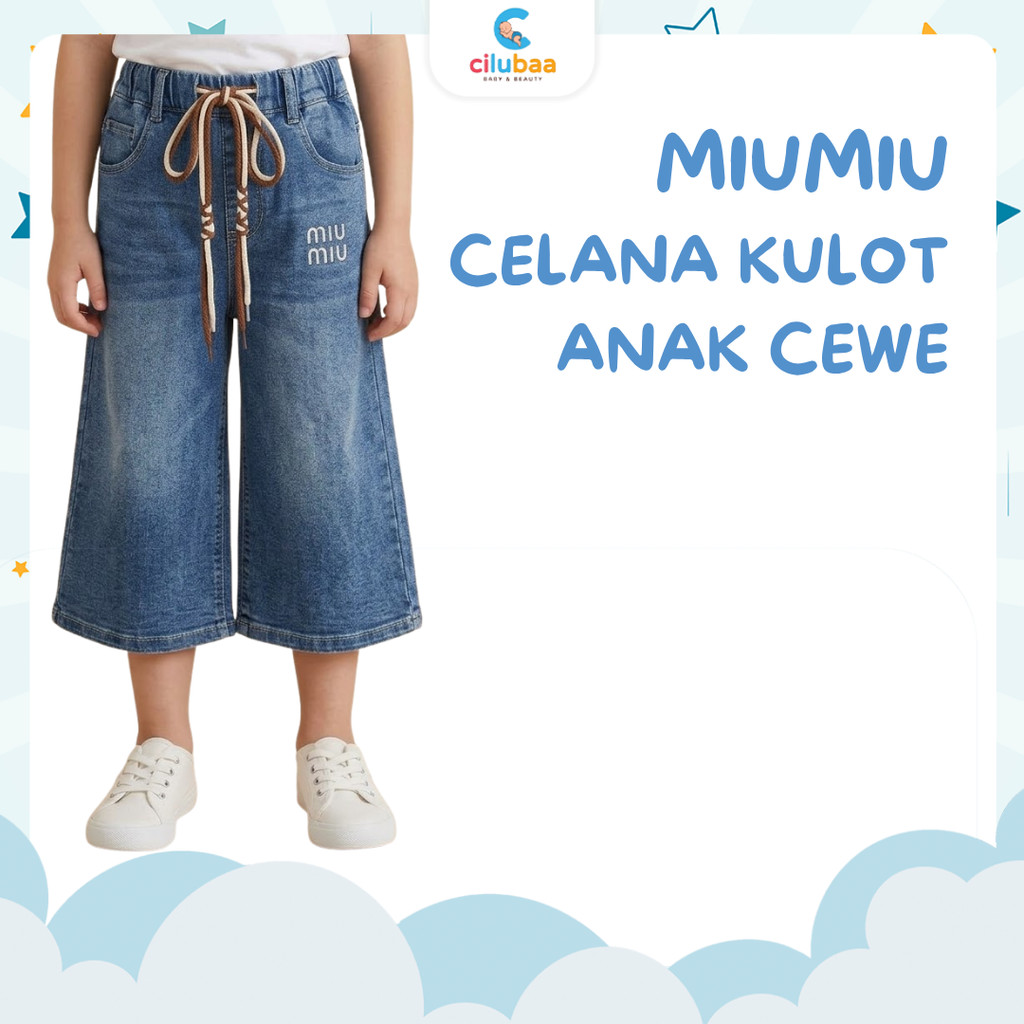 กางเกง Culottesเดนิมเด็กผู้หญิง MiuMiu | กางเกงยีนส์เอวยางยืดหนา กางเกงชั้นใน [GST]