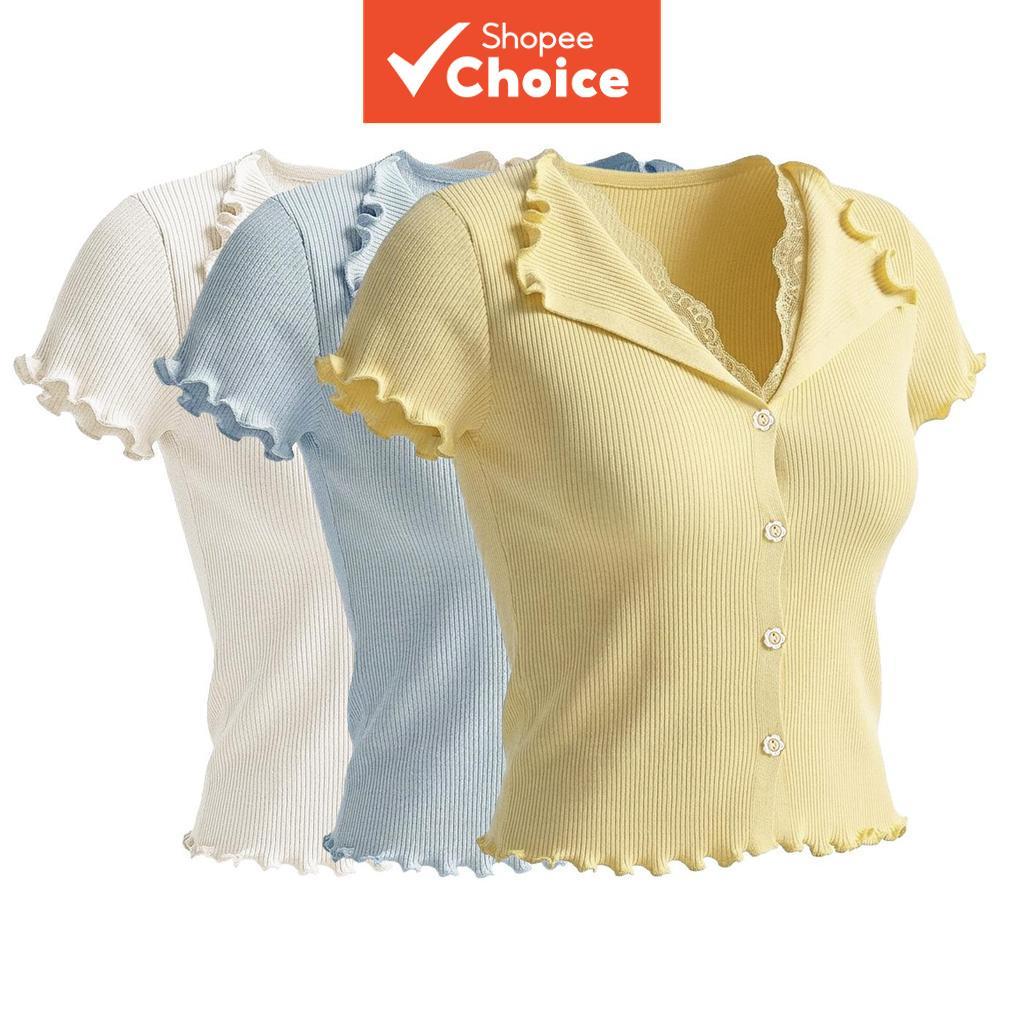 Y2k เสื้อยืดแขนสั้นผ้าถักสไตล์หวานเสื้อครอปคอวีผู้หญิง  | Lettuce Trim & Lace Detail |  หลากสี