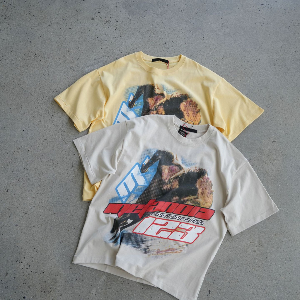 4VRS American Heavy Weight!Retro ล้างพิมพ์แขนสั้นผู้ชายผู้หญิง High Street แฟชั่นรอบคอ All-Match เสื