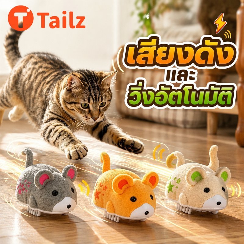 Tailz ของเล่นแมว หนูไฟฟ้าโต้ตอบ มีเสียง ขนนุ่ม วิ่งสุ่ม ระบายพลังงาน Pet toy electric plush mouse cat toy
