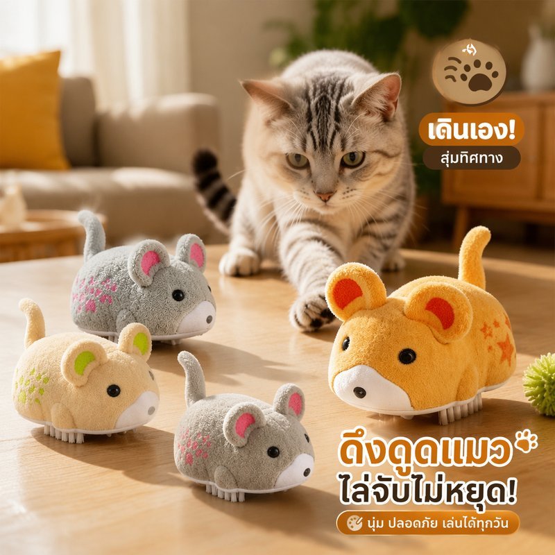 ของเล่นแมว หนูไฟฟ้าขนนุ่ม วิ่งสุ่มอัตโนมัติ มีเสียง Pet toy electric plush mouse cat toy