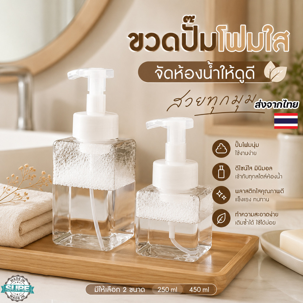 ขวดปั๊มโฟมพลาสติกใส 250/450 มล. ปั๊มโฟมเนื้อนุ่ม พลาสติกใสเห็นปริมาณ ขวดแข็งแรงและทนทาน