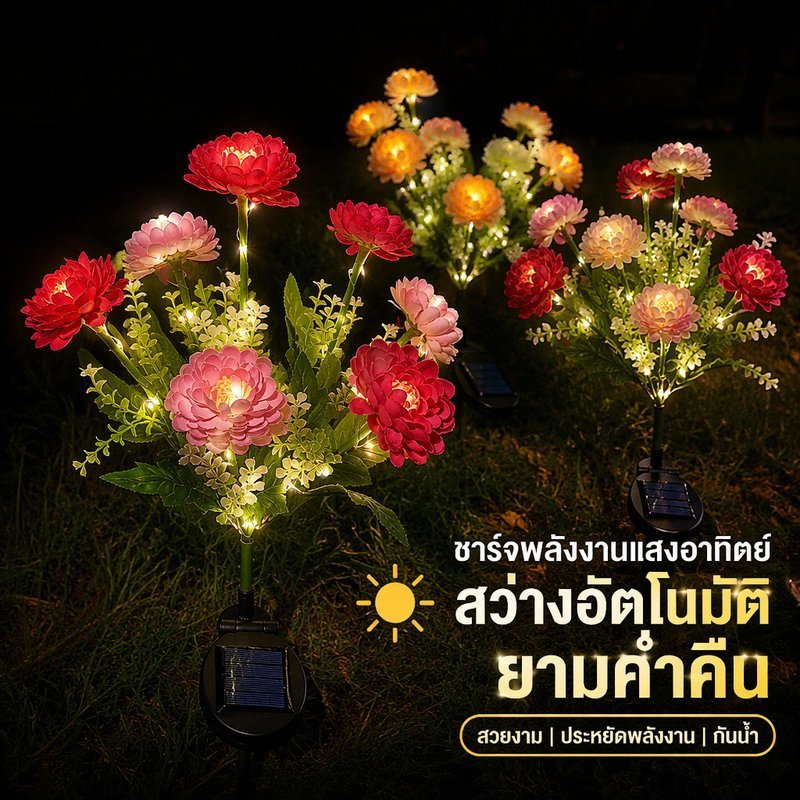 ดอกไม้พลังงานแสงอาทิตย์สวนกันน้ํากลางแจ้งอัตโนมัติเปิดสนามหญ้า Yard Decor Stake โคมไฟ Led
