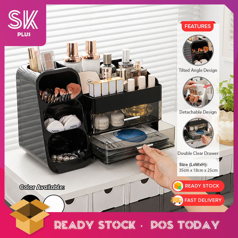 SKplus กล่องเก็บเครื่องสําอางหลายช่องแต่งหน้าโปร่งใสลิ้นชักคู่ Bekas Simpanan Alat Solek