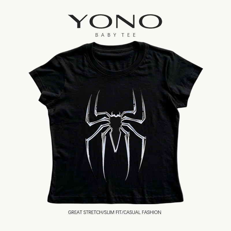 (พร้อมส่ง24ชม.) YONO baby tee สีดำ ลายแมงมุมสีขาวขนาดใหญ่ ทรงเข้ารูป ลุคสตรีท y2k