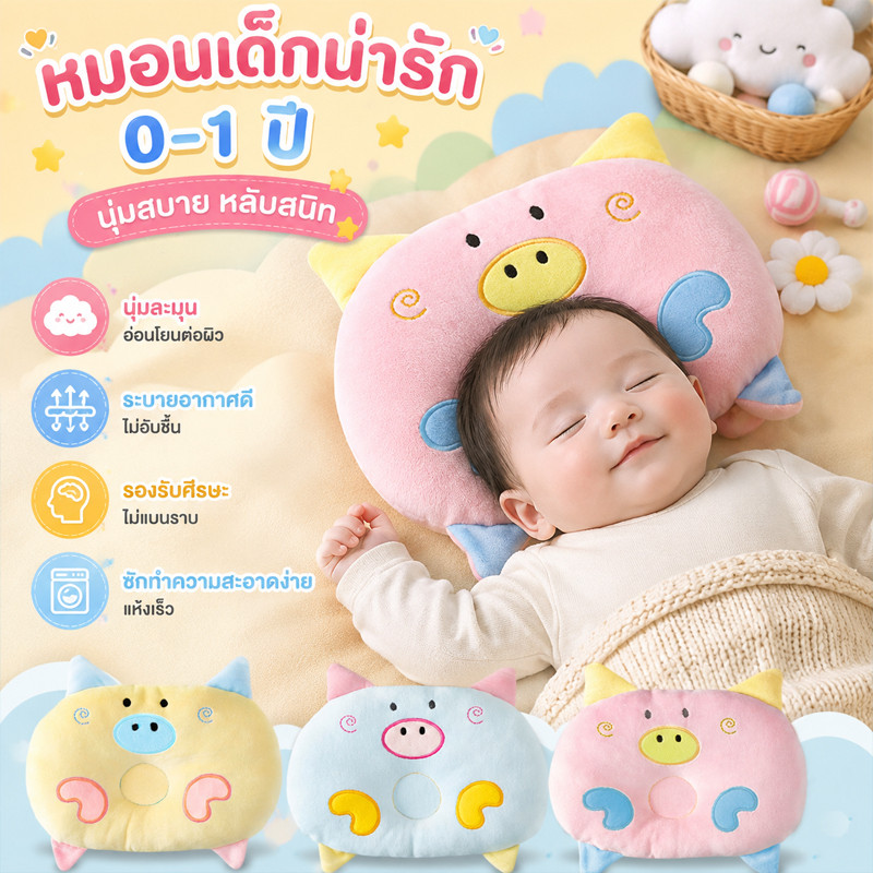 COD หมอนเด็กแรกเกิด ลายหมูน่ารัก หมอนกันหัวแบน รองศีรษะเด็กอ่อนหมอนนอนเด็ก 0-1 ปี ผ้านุ่ม ระบายอากาศ ซักง่าย
