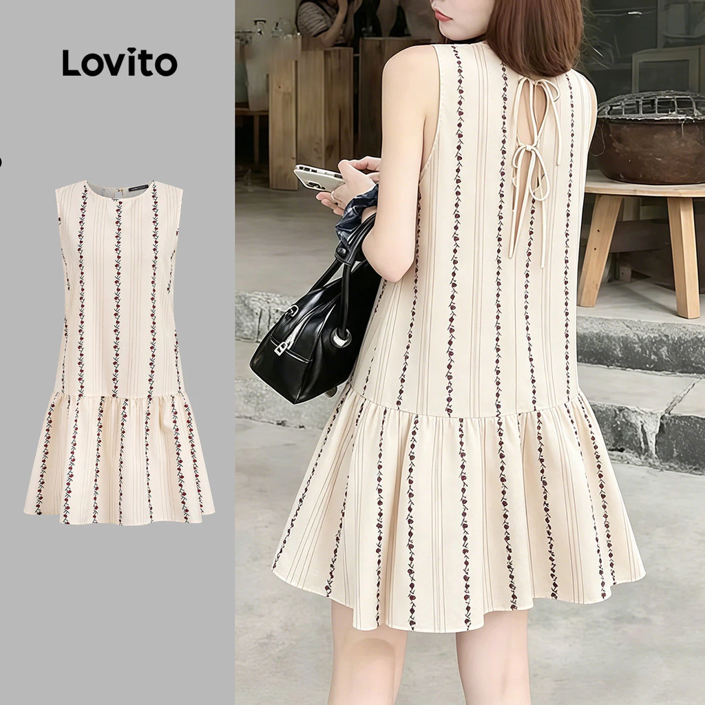 Lovito เดรสลําลองผูกหลังชายกระโปรงระบายสําหรับฤดูร้อนของผู้หญิง L189ED020