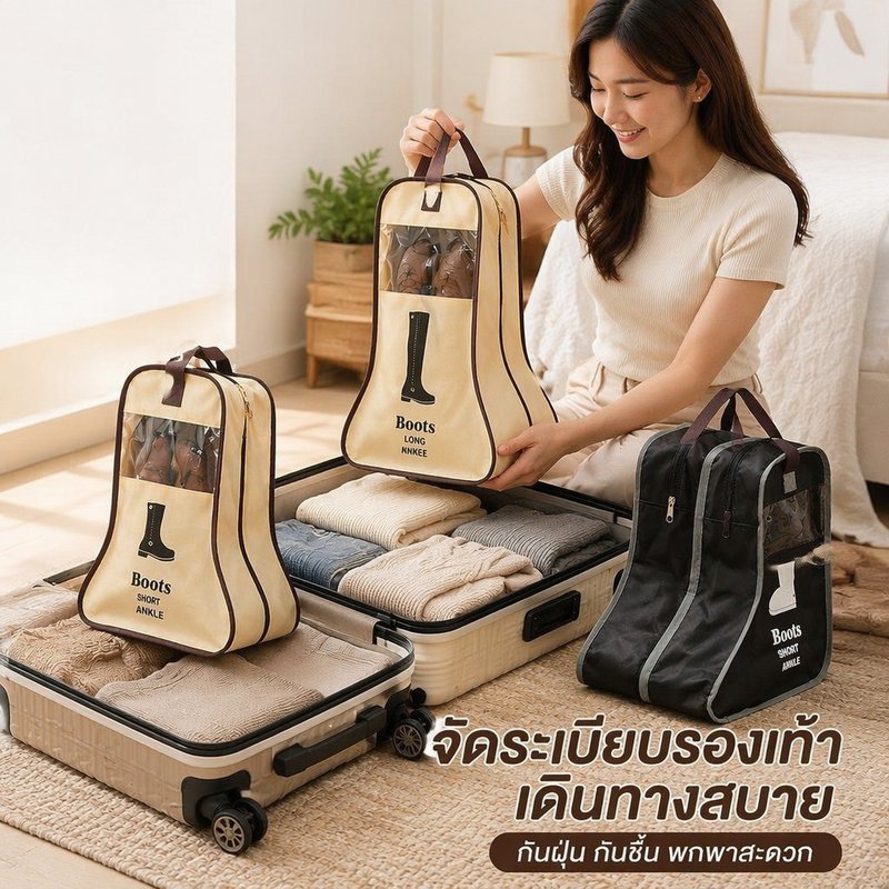 กระเป๋าเก็บรองเท้าเดินทางไม่ทอกันฝุ่นกันความชื้นซิปพับได้แบบพกพาออแกไนเซอร์