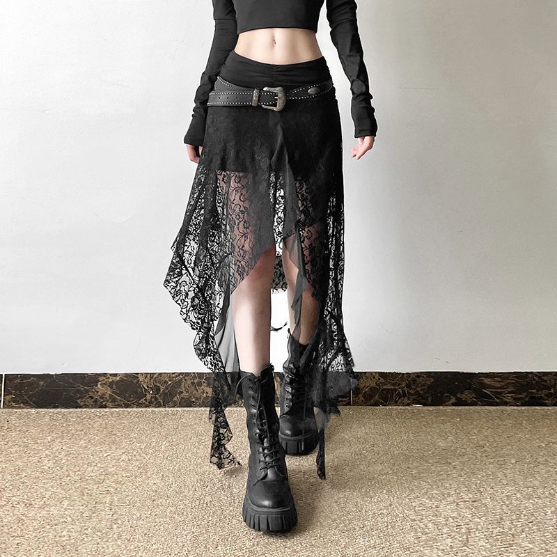 SWTGALS American Street Rock สไตล์ลูกไม้ไม่สม่ําเสมอเย็บ A-Line รุ่น Slimmer ดูกระโปรง SWTGALS Ameri