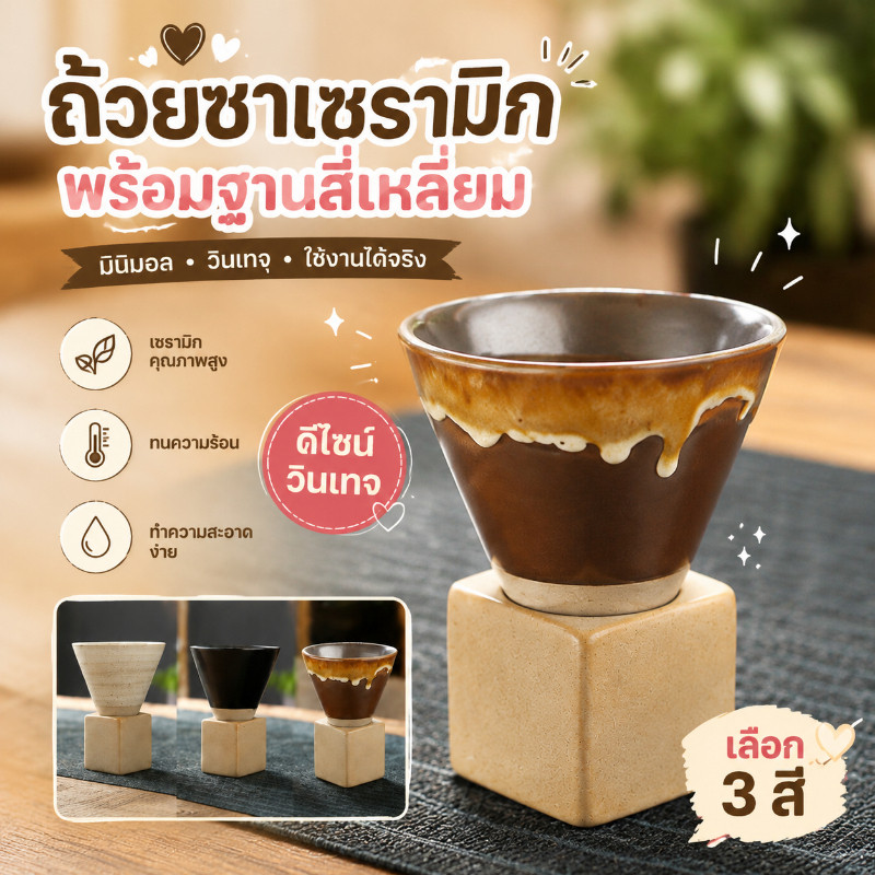 COD แก้วชาเซรามิกสไตล์ญี่ปุ่น ถ้วยชาดินเผาวินเทจ แก้วกาแฟทรงกรวย แก้วน้ำมินิมอล สำหรับชา กาแฟ