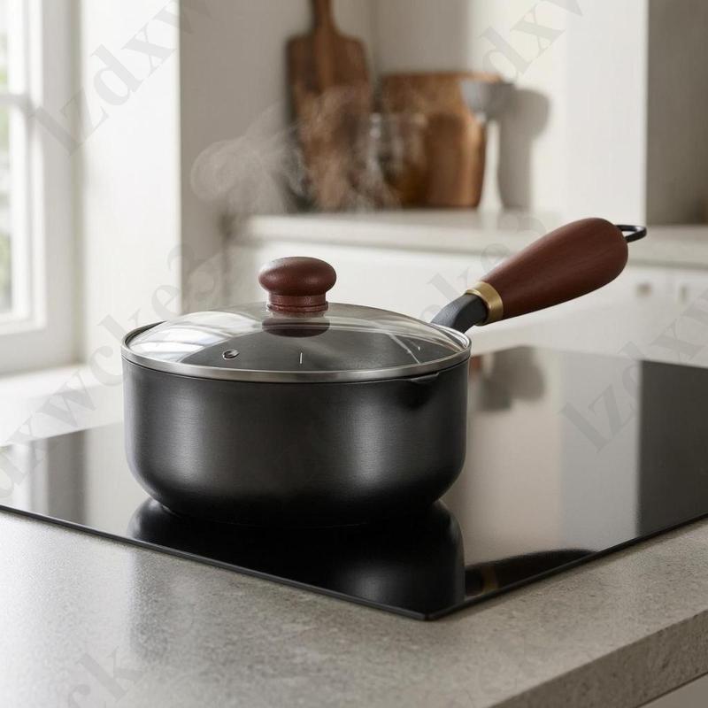 [Lzdxwcke3] Cast-Iron Mini Fryer Pot Dark Cast Iron Iron Pour Pot Wood-Grain Handle เครื่องครัว