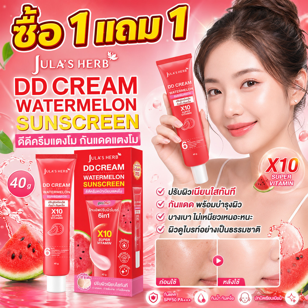 ซื้อ 1 แถม 1🔥Jula’s Herb DD Cream Watermelon Sunscreen 40g ดีดีครีมแตงโม 6in1 กันแดด UVA/UVB ปรับผิวเนียนใส บางเบา