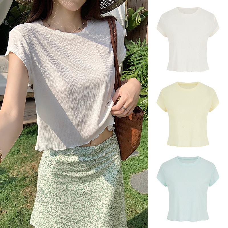MOSES QUEEN เสื้อยืดแขนสั้นสไตล์เกาหลีแต่งระบายทรงเข้ารูปเสื้อท็อปฤดูร้อนน้ําหนักเบา