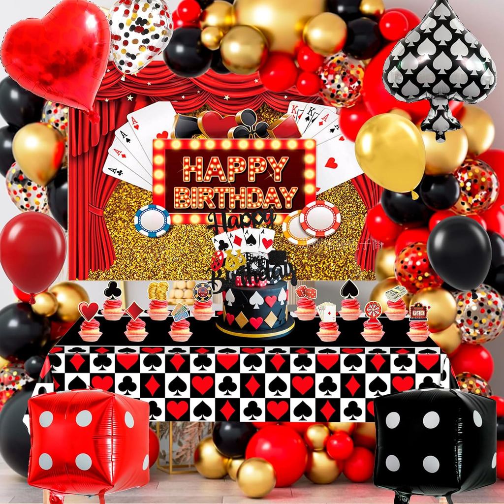 Casino Theme Party Decor, 85 ชิ้น Casino Night ตกแต่งชุด - Casino Party บอลลูนฉากหลังเค้ก Topper ผ้า