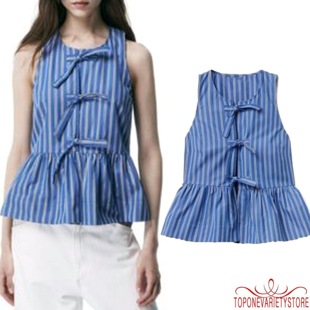 Topone-เสื้อกล้ามลายทางสําหรับผู้หญิงฤดูร้อนแขนกุดคอกลมแบบผูกเสื้อหลวม 1OUM