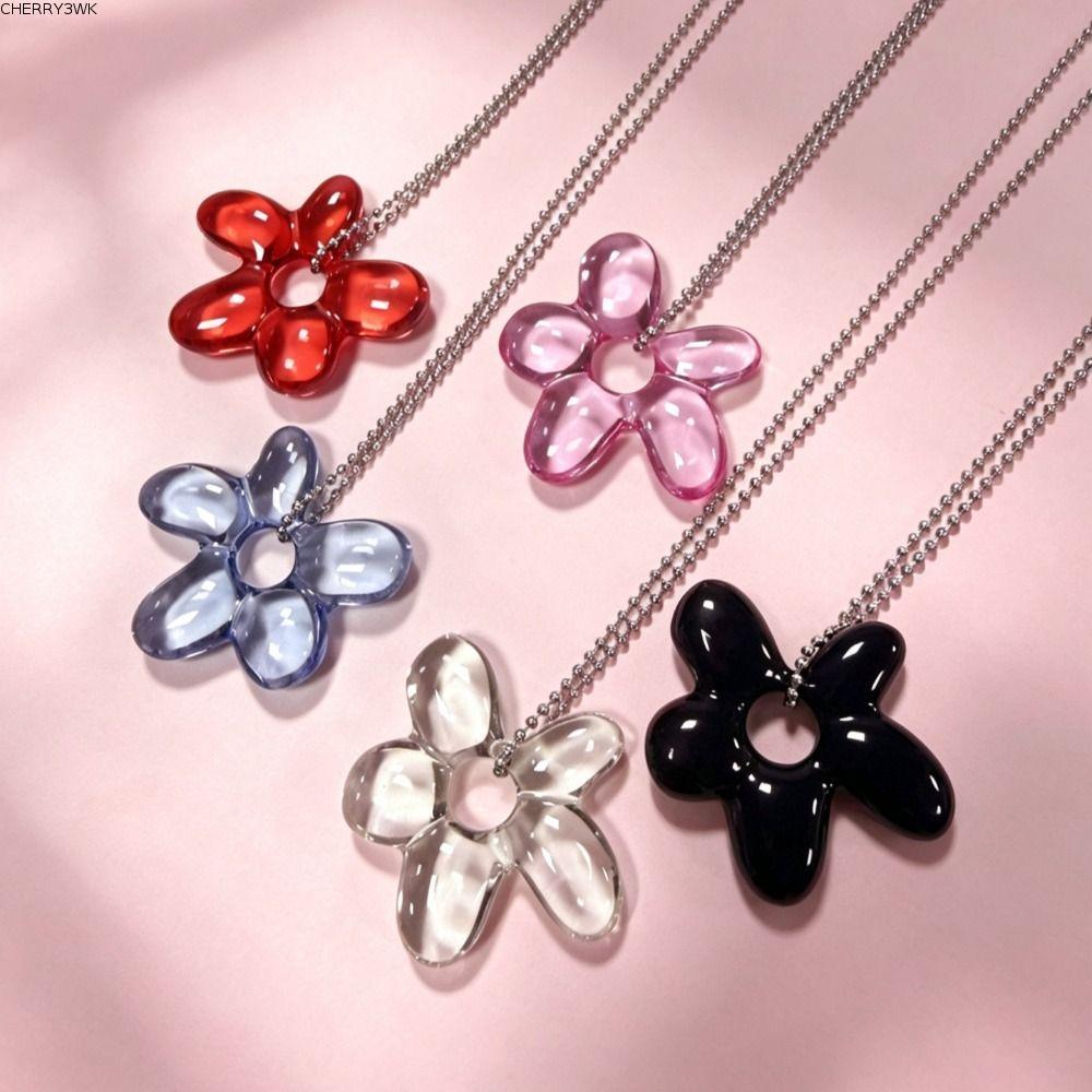 19VJKEPSHOP สร้อยคอจี้ดอกไม้,โปร่งใสกลีบโลหะผสมเสื้อกันหนาวสร้อยคอ,เรซิ่นBoho Y2Kลูกปัดเครื่องประดับ