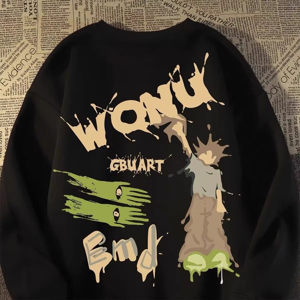 เสื้อฮู้ดคอกลม การ์ตูนสไตล์ฮิปฮอปอเมริกัน สไตล์สตรีท ทรงหลวมวินเทจ ทันสมัย ใส่ได้ทั้งผู้ชายและผู้หญิง อเนกประสงค์ สบายๆ ใส่ไปทำงาน เรียนได้