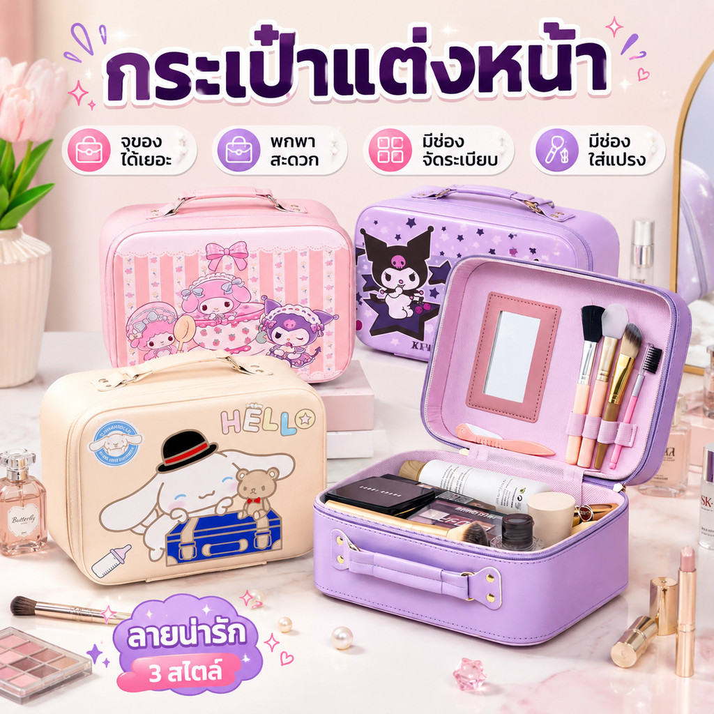 🔥จัดส่งทันที🔥กระเป๋าเครื่องสำอาง Sanrio สำหรับเด็ก ดีไซน์น่ารัก กระจกใหญ่ พกพาสะดวก ความจุเยอะ วัสดุPU ทนทาน
