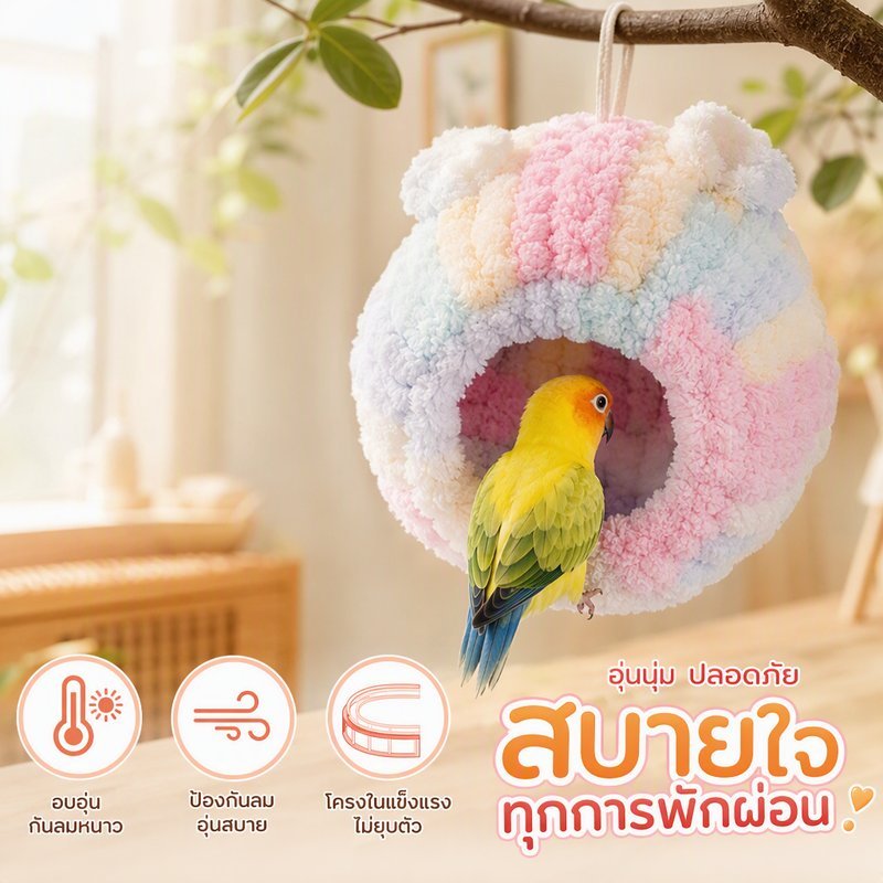 บ้านนก เตียงนก กรงนก ผ้ากำมะหยี่ปะการัง อบอุ่น กันลม แบบแขวน โครงแข็ง ไม่เสียรูป