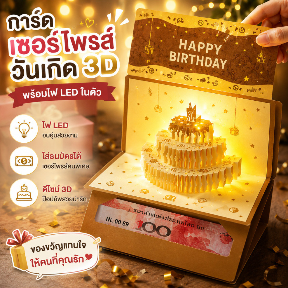 New Arrivals ซองอั่งเปาวันเกิด 3D พร้อมไฟ LED การ์ดป๊อปอัพเค้กวันเกิด ใส่ธนบัตรได้ ของขวัญวันเกิดสุดพิเศษ