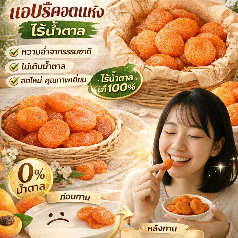 แอปริคอตอบแห้ง 0 ซูโครส รสหวานอมเปรี้ยว เนื้อนุ่มหนึบ อุดมด้วยใยอาหาร ของว่างเพื่อสุขภาพ
