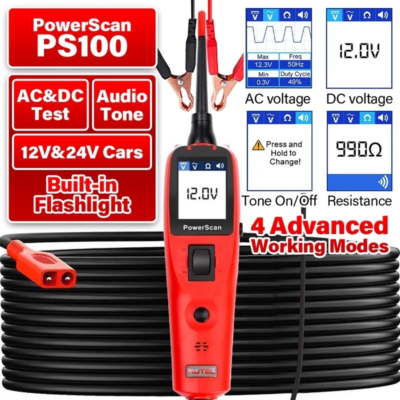 ZGLM Autel PowerScan PS100 เครื่องทดสอบวงจรรถยนต์ Universal 12V 24V Power Circuit Probe เครื่องมือ B