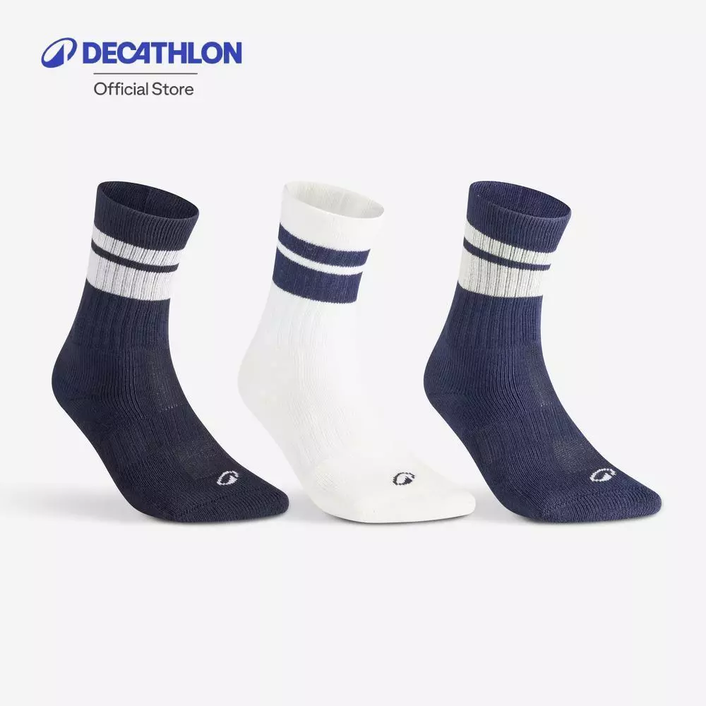 Decathlon High Tennis Socks Tri-Pack Rs 500 ถุงเท้าเทนนิสข้อสูง รุ่น Rs 500 แพ็ค 3 คู่ - Beige/Blue