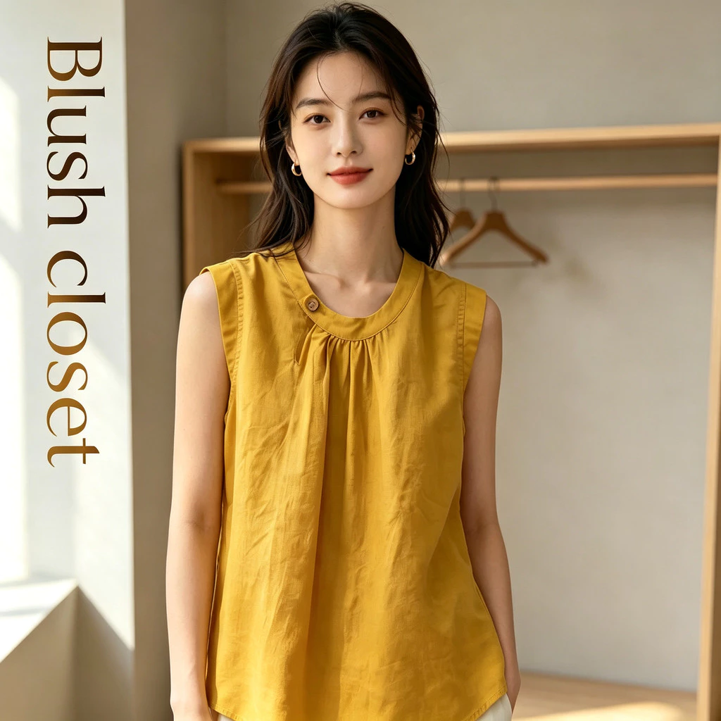 สไตล์ใหม่ฤดูร้อน โมริ แฟชั่นเสื้อสีเทาอ่อนย้อนยุคสีทึบผ้าลินินเสื้อกั๊กแขนกุดจีบด้านบนของผู้หญิงอินเทรนด์
