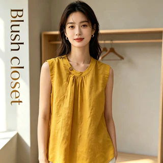 สไตล์ใหม่ฤดูร้อน โมริ แฟชั่นเสื้อสีเทาอ่อนย้อนยุคสีทึบผ้าลินินเสื้อกั๊กแขนกุดจีบด้านบนของผู้หญิงอินเทรนด์