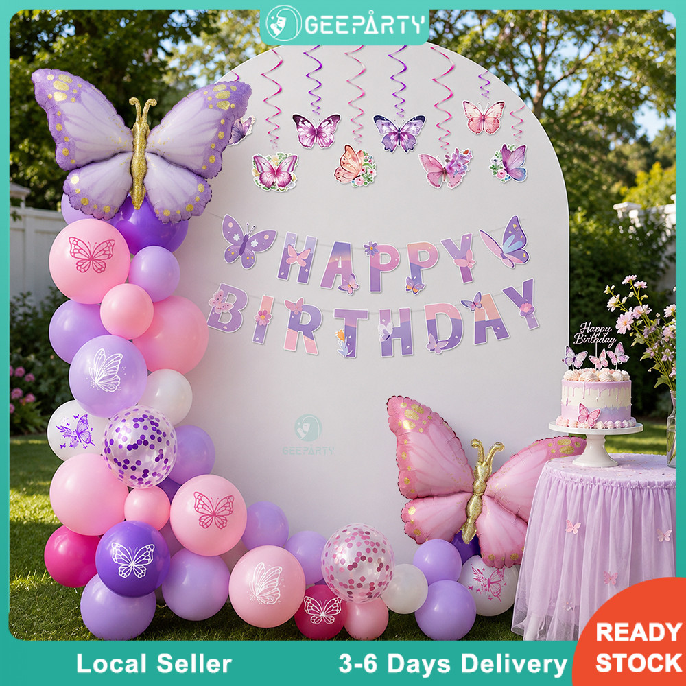 GeeParty ชุดลูกโป่งวันเกิด 46 ชิ้น ธีมผีเสื้อ สีชมพูม่วง ลูกโป่งฟอยล์ พร้อมป้าย Happy Birthday ของตกแต่งปาร์ตี้