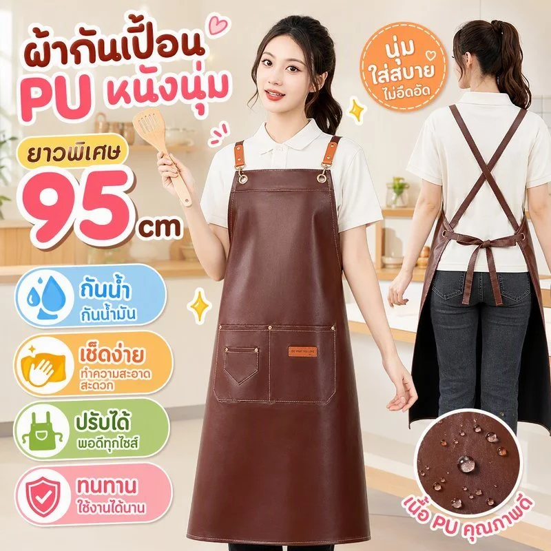 เหมาะกับใส่ทํางาน กันน้ําและน้ํามัน 100% ผ้ากันเปื้อนหนังนุ่ม PU ชุดกันเปื้อน 95-118cm ใช้ตัดหญ้าได้