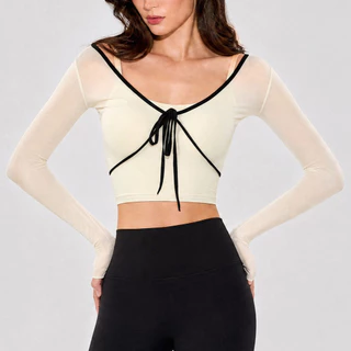 Airactive Yoga Top เบาะแขนยาวตาข่าย Bow Knot Two Tone Design กีฬาฟิตเนส