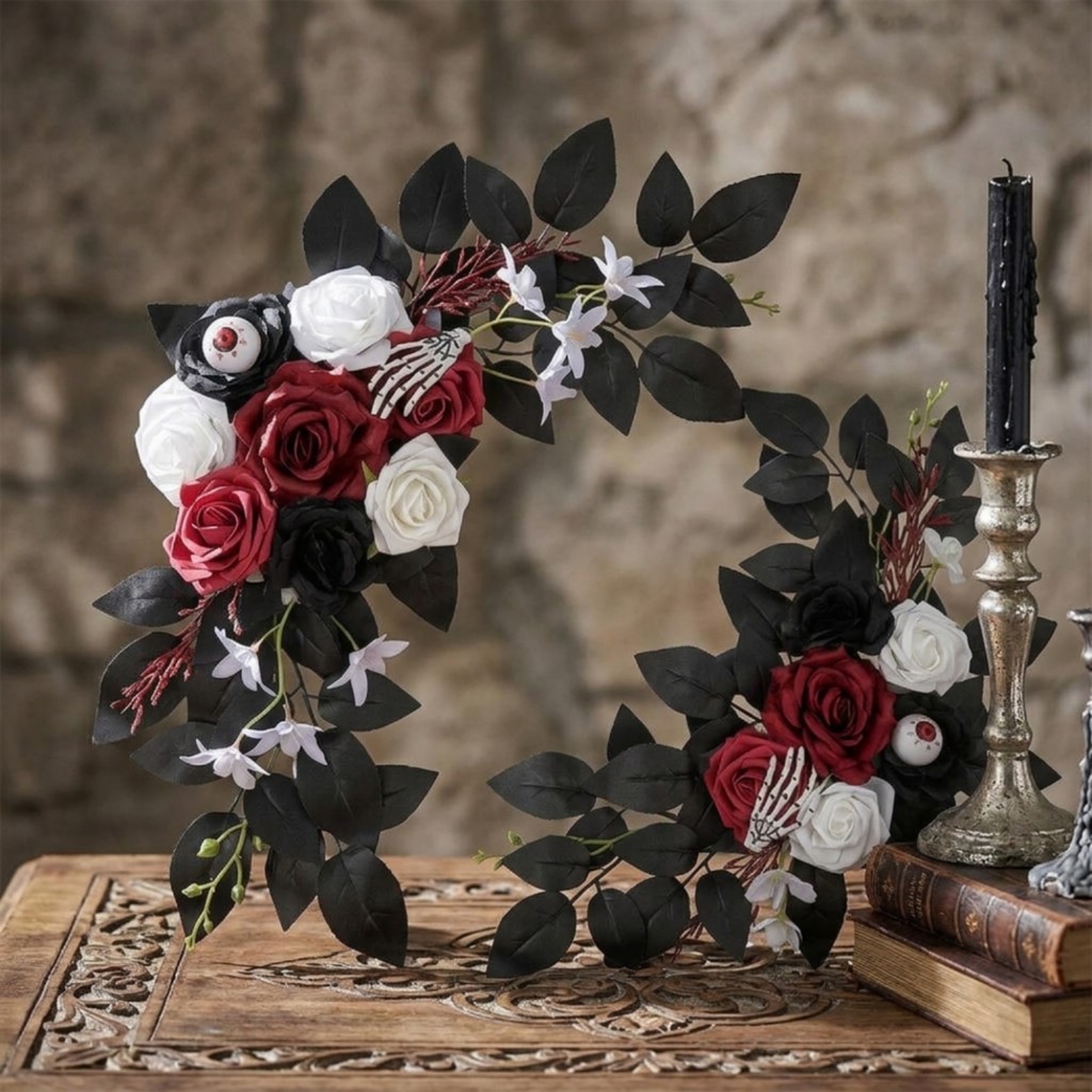 2 ชิ้นประดิษฐ์ดอกไม้ Swag โครงกระดูกมือ Gothic ประดิษฐ์ Rose Swag พร้อม Zip Ties ฮาโลวีนดอกไม้ Spook
