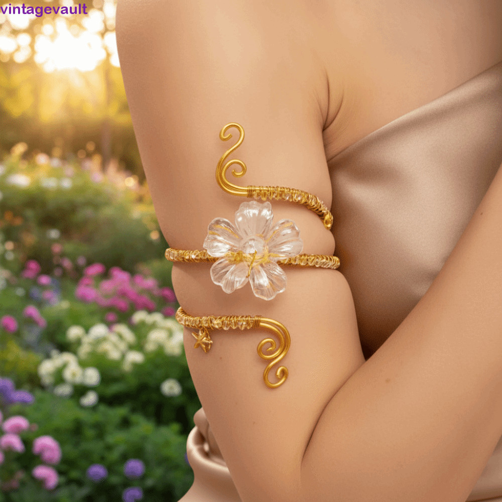 VINTAGEVAULT Iris Flower Bracelet, Hollow Out Floral Arm Cuff, Vintage Vintage Adjustable Cuff Open 