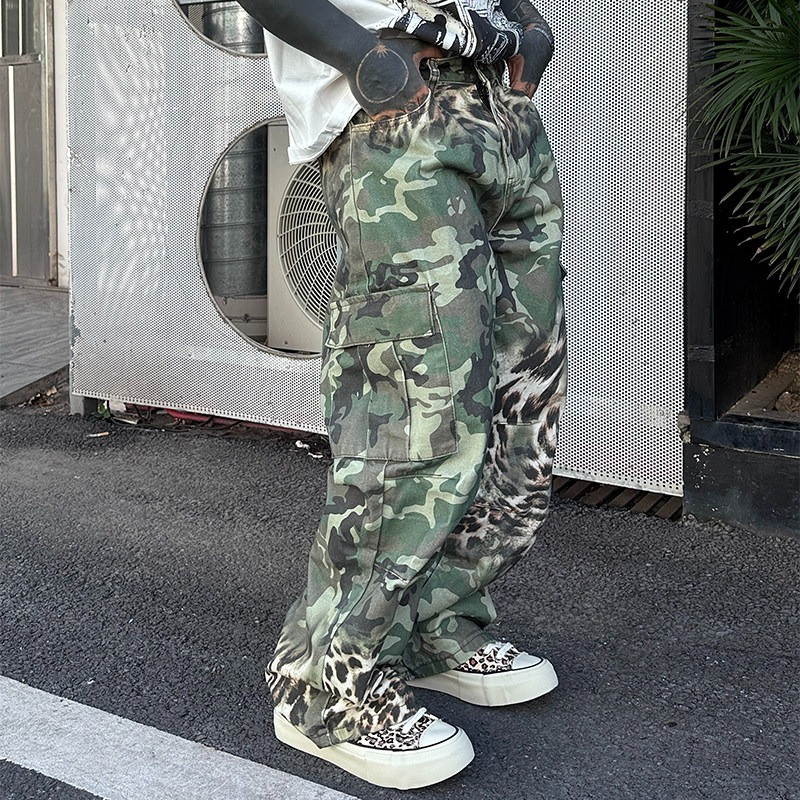 PAUL FITZGERALD Stitching Leopard Print Overalls Fashion Street Fashion Loose Paratrooper Pants
